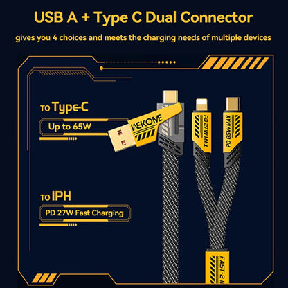 WEKOME Mech Style 4-In-1 Cable USB a Type-C Dual Connector Lighting Nylon Braided PD 65W 27W Fast Charging for Iphone Android