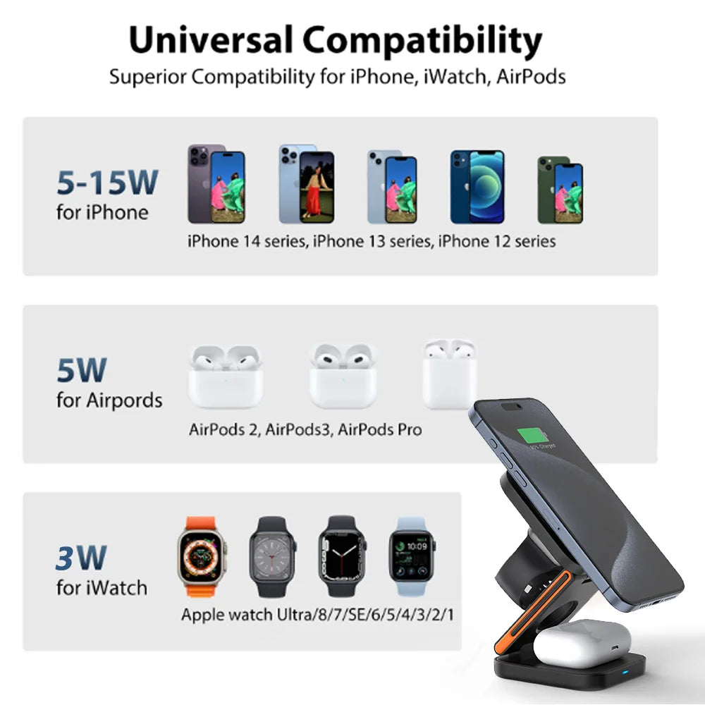 30W 3 in 1 Wireless Charger Phone Magnetic Foldable Wireless Charging Station for Iphone 15 14 13 12Pro Apple Watch 8 9 Airpods