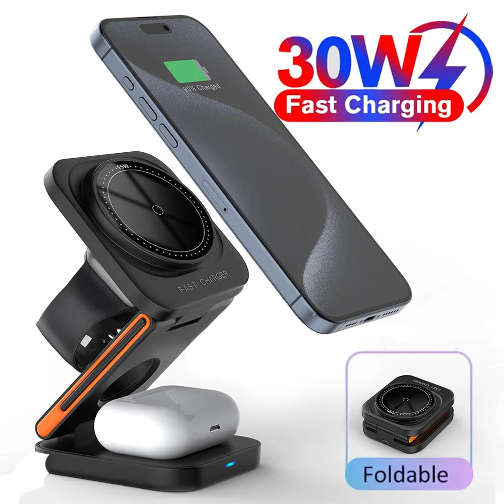 30W 3 in 1 Wireless Charger Phone Magnetic Foldable Wireless Charging Station for Iphone 15 14 13 12Pro Apple Watch 8 9 Airpods